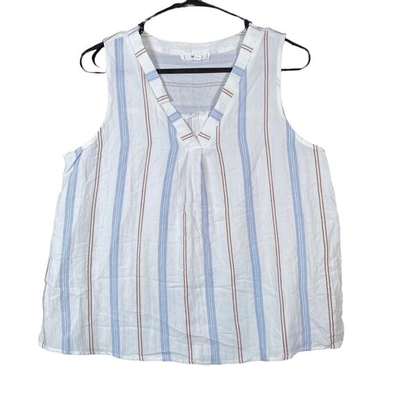 Mine Womens Blouse White Striped Sleeveless V Neck Tank Button Back Large - Picture 1 of 10